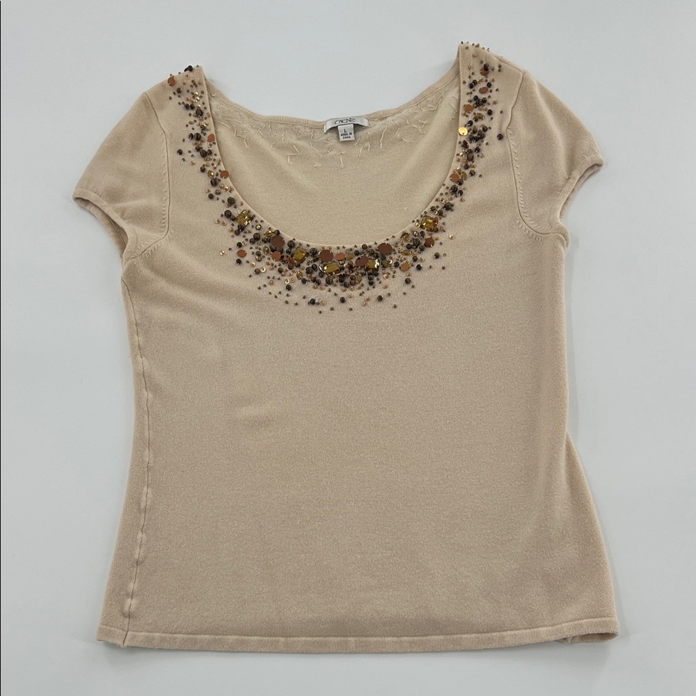 Vintage‎ Cache Beige Beaded Embellished Short Sleeve blouse Twee